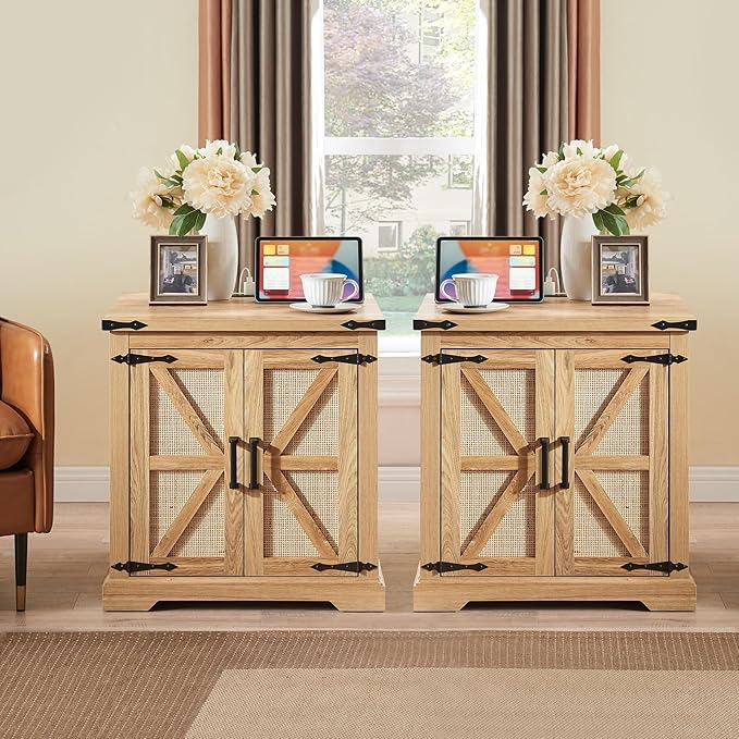 Barnyatoh Farmhouse Boho End Table with Charging Station, 24" Large Side Table with Rattan Barn Door, Rustic Wood Square Nightstand Bedside Table with Storage for Living Room, Bedroom, Natural 2-Pack