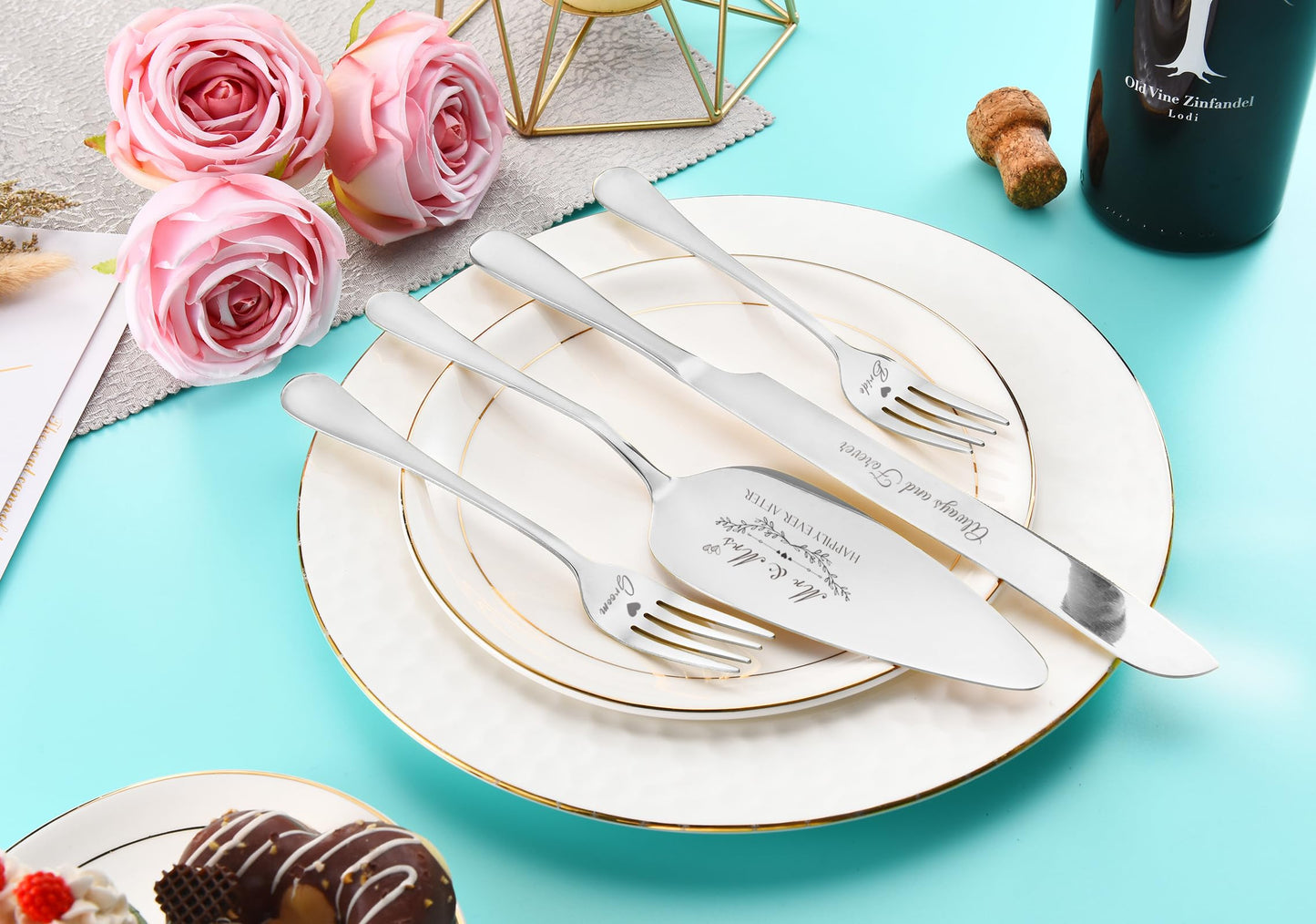 Wedding Cake Knife and Server Set, Silver Cake Cutting Set for Wedding, 4 Pieces Set with Forks for Engagements, Anniversaries, Bride and Groom