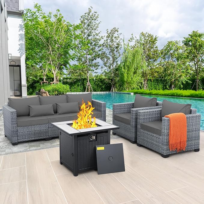 4 Piece Wicker Patio Furniture Sets Outdoor Conversation Set PE Rattan Sectional Sofa Couch with Fire Pit Table and Grey Cushions