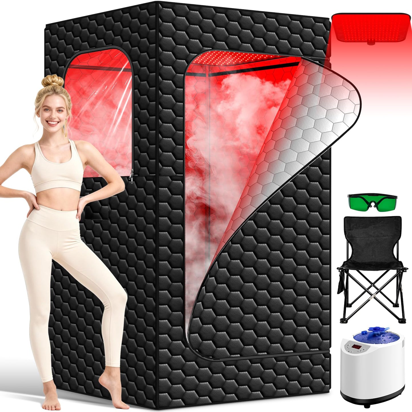 bsdonte Portable Sauna for Home, Infrared Sauna, Upgraded 160 LEDs Red Light Sauna Box, Steam Saunas Tent with 3L Steamer, 15 Temp Levels & 99 Min Timer for Indoor Spa, Relaxation, Detoxification
