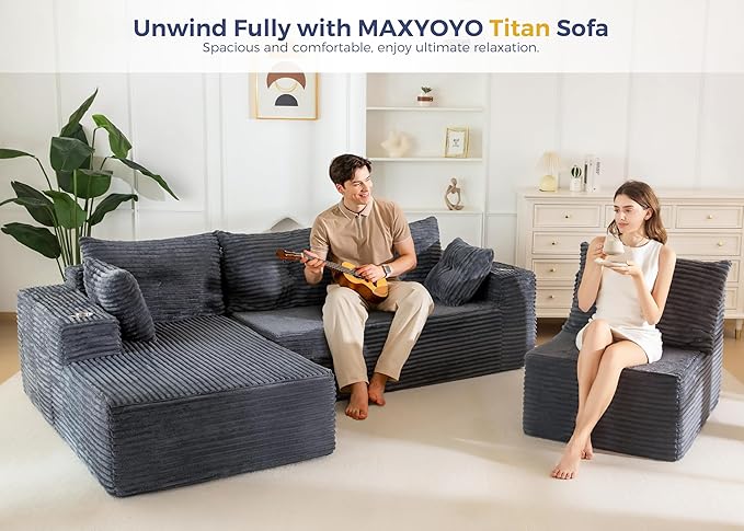 MAXYOYO 132" Oversize Modular Sectional Couch with L-Shape Chaise, Modern Boneless Couch for Living Room, Sofa in A Box, Oversized Sofa Sleeper with Deep Seat, No Assembly Required, Dark Grey