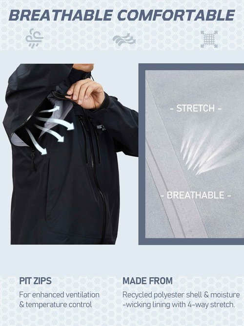 NEW VIEW Men's Lightweight Rain Jacket Waterproof with Hood, Storm Shell Stretch Rain Coat for Tri Weather Hiking,Travel,Golf