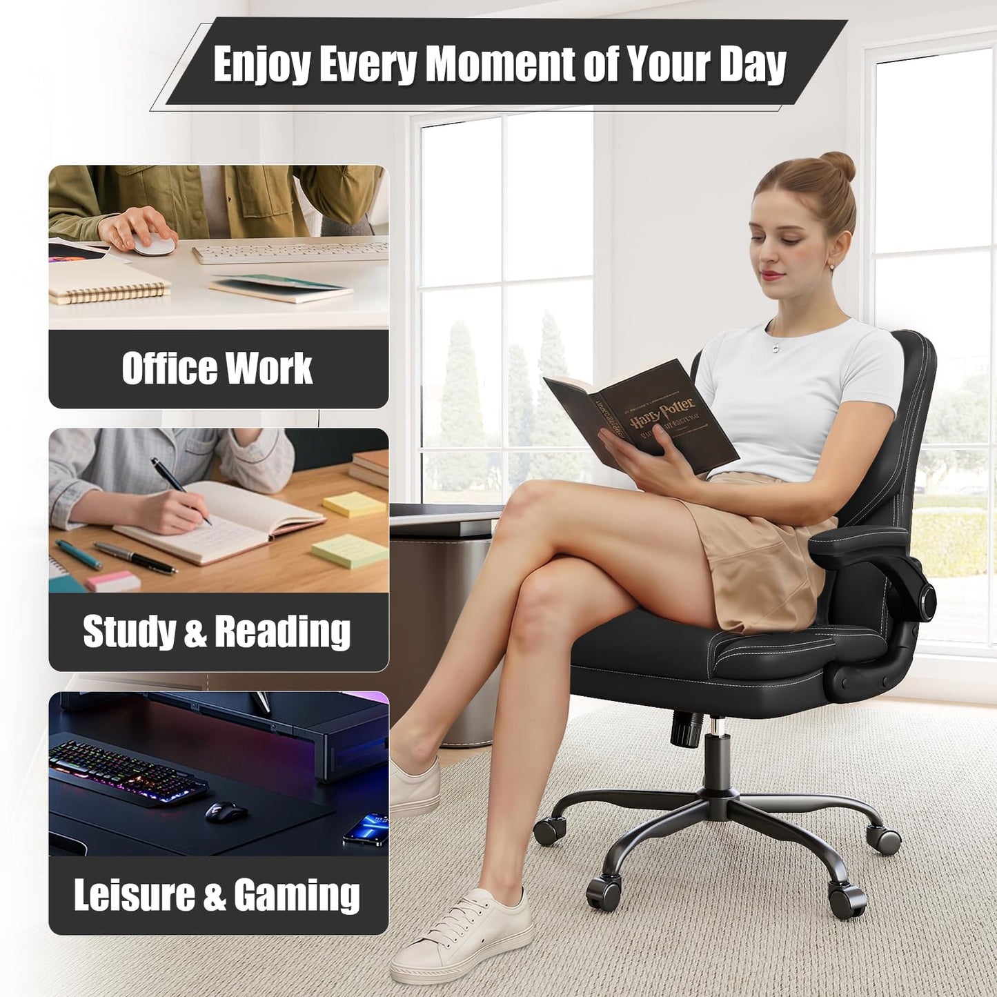 Ergonomic Office Chair with Flip-up Armrests, 300lbs Mid Back Computer Office Desk Chair with Lumbar Support, Executive Leather Chair with Rocking Function Adjustable Height for Home Office