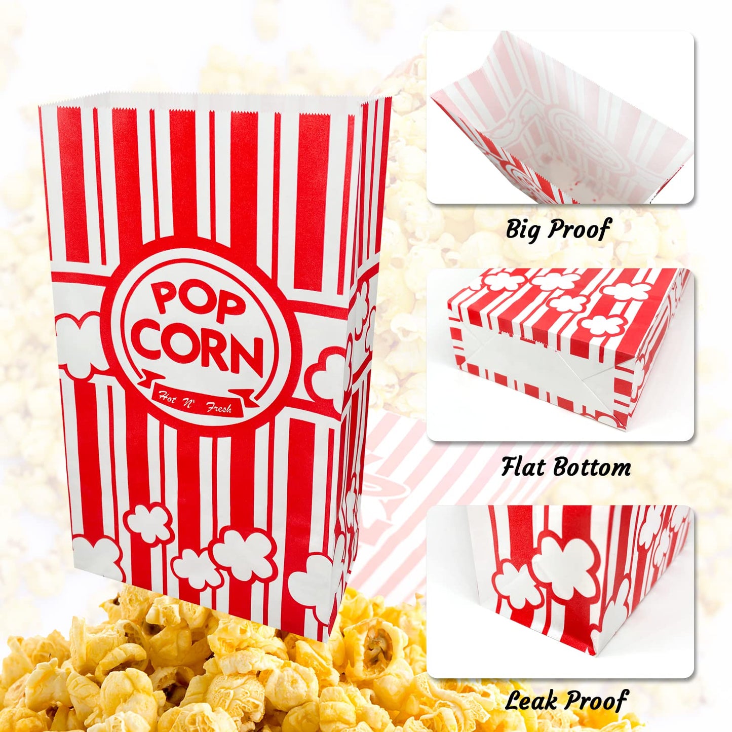 YESMONA 50 Pcs Flat Bottom Popcorn Bags, 2 oz Paper Popcorn Bags for Family Movie Night Baseball Themed Carnival Christmas Birthday Party