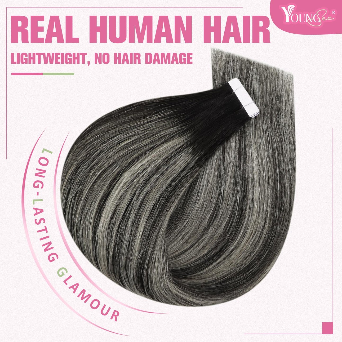 YoungSee Tape in Extensions Human Hair Black Ombre Invisible Tape in Hair Extensions Ombre Black to Silver Tape ins Hair Extensi