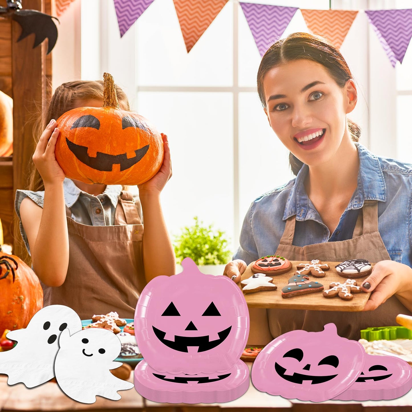 OGMOGKW Halloween Plates and Napkins,60pcs Pink Pumpkin Plates and Ghost Napkins Tableware Includes Cute Grimace Paper Plates and Spooky Napkins for Kids Birthday Pink Halloween Party Decorations