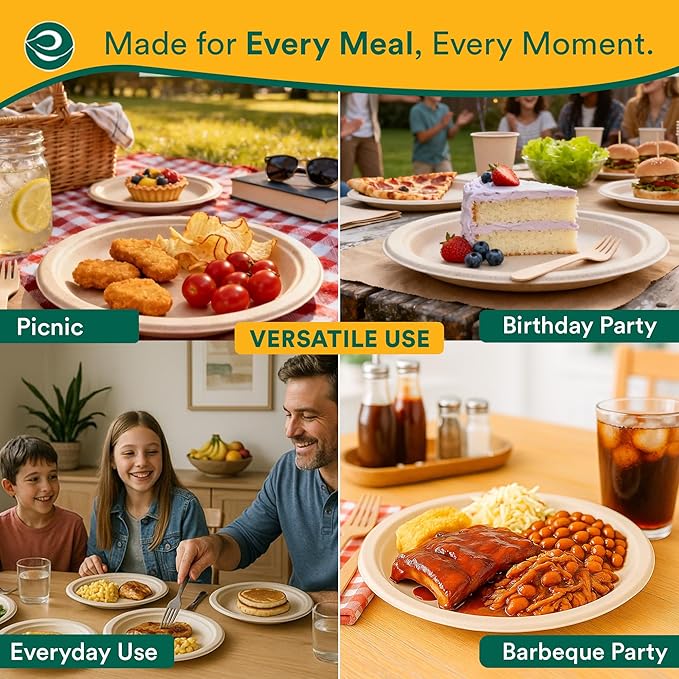 ECO SOUL 100% Compostable Paper Plates 10 Inch [1000-Pack] Biodegradable Heavy Duty Eco-Friendly Disposable Plates for Christmas Dinner, Parties, Wedding & Event