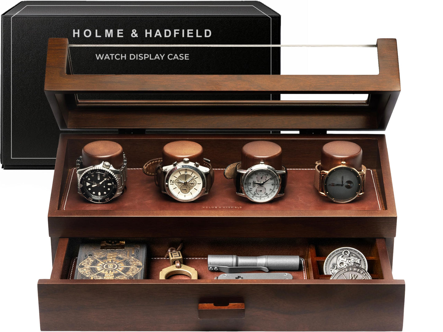 Premium 4 Slot Watch Box for Men (2026 Upgraded) – Wooden Watch Display Case with Hinged Wood Cover, Leather Lining & Drawer – Watch Organizer Stand – Handcrafted Luxury Father's Day Present for Men