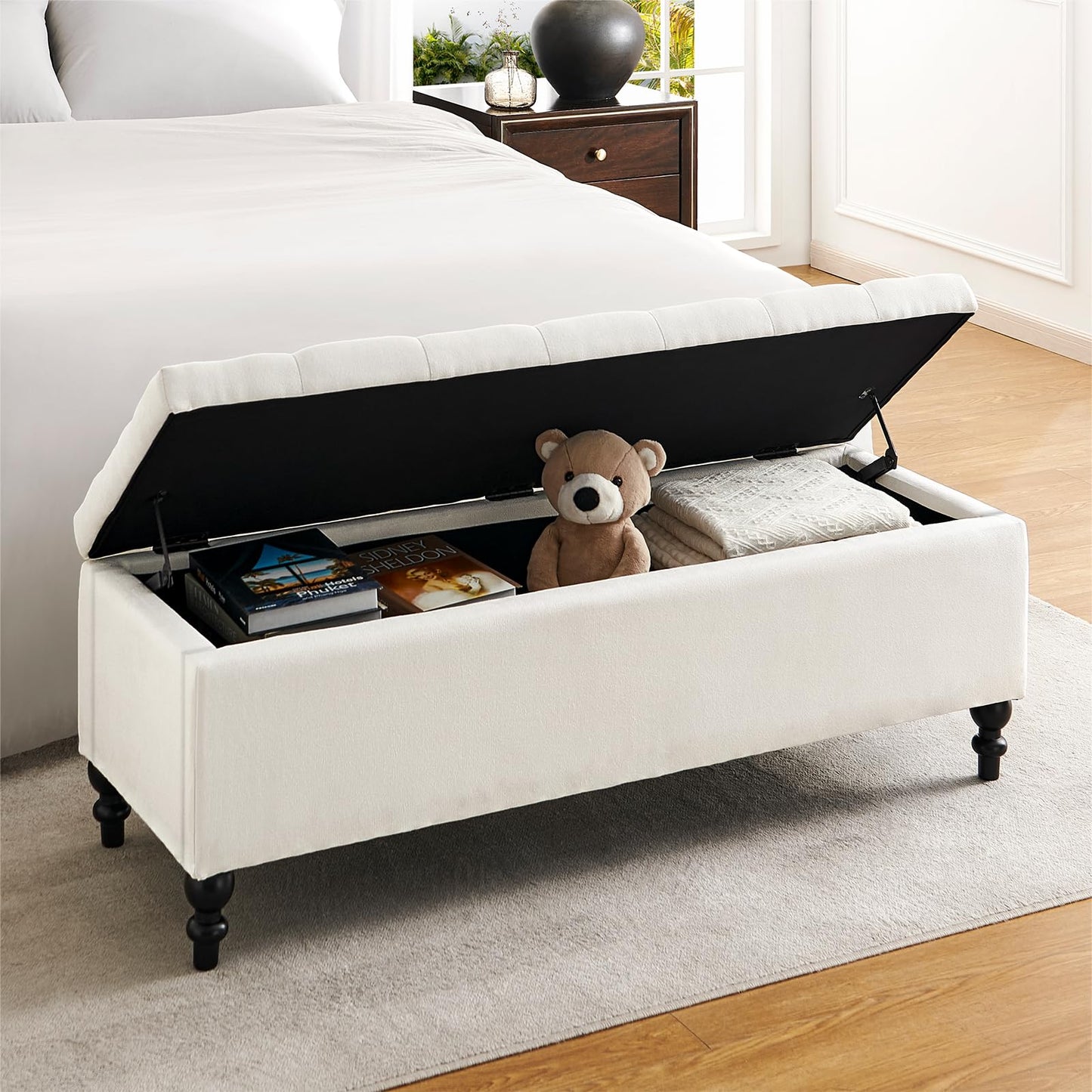 kinmars Ottoman with Storage,50.2-inch Upholstered End of Bed Storage Bench for Bedroom,for The Living Room,for Entryway, with Button and Safety Hinges,Detachable (White)