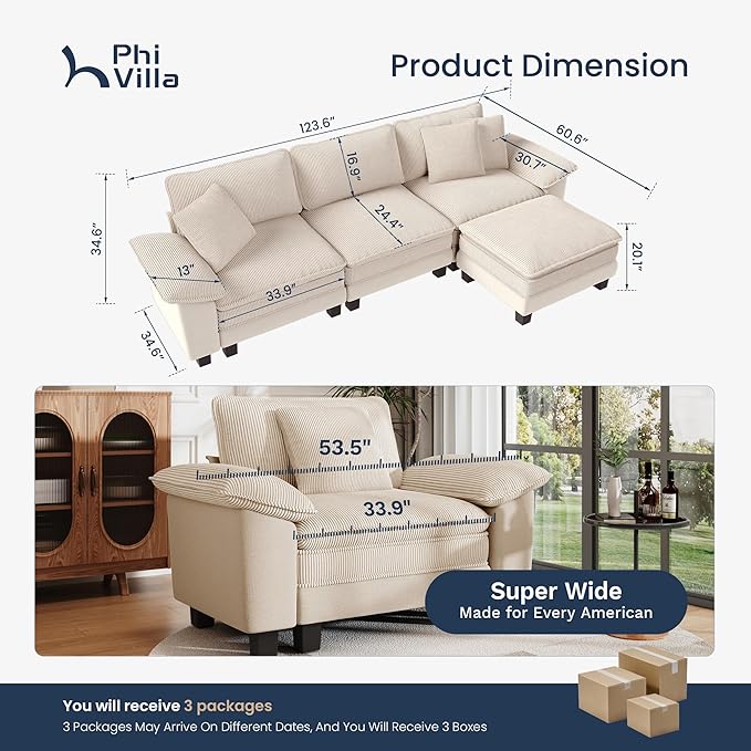 PHI VILLA Cloud Modular Couch Sets, 123.6" Sectional Sofa with L-Shaped Chaise Ottoman, 4-Seater Couches with Upholstered Deep Seat for Living Room, Chenille Corduroy Dual Fabric, Beige