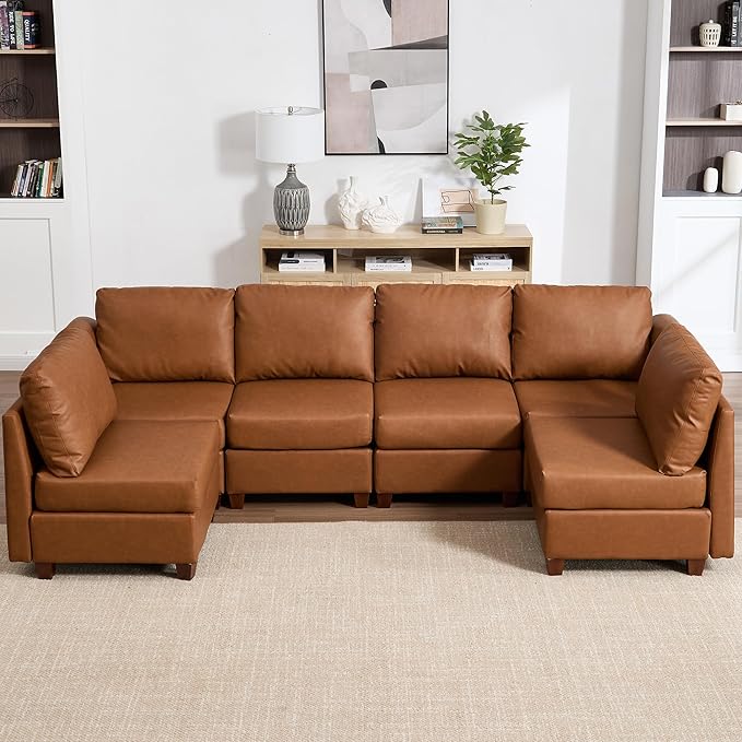 Modular Sectional Sofa,Modern U Shaped Sectional Couches for Living Room,6 Seat PU Leather Deep Seat Sectional Cloud Couch with Storage