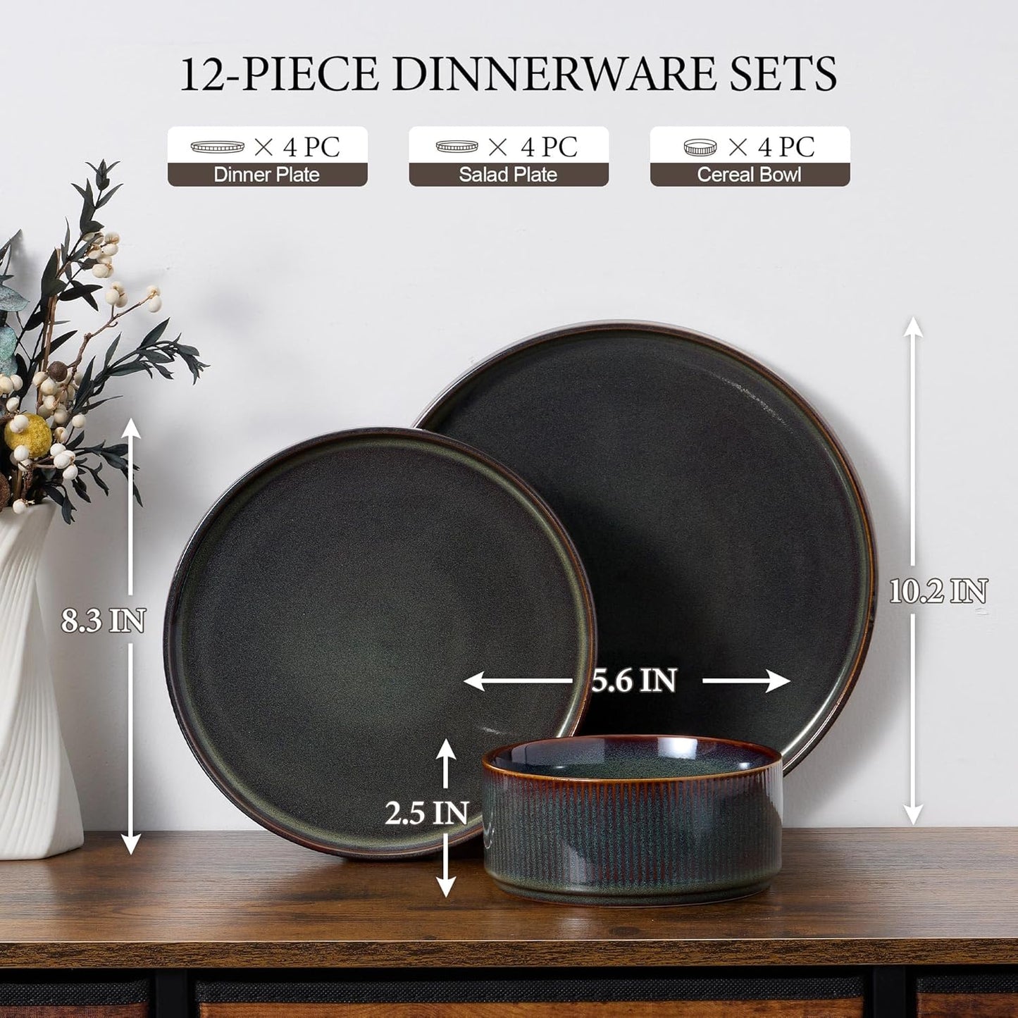 E-far 12-Piece Plates and Bowls Sets, Stoneware Dinnerware Dishes Sets for 4, Kitchen Modern Dining Dishware, Chip & Scratch Resistant, Microwave & Dishwasher Safe, Blackish Green