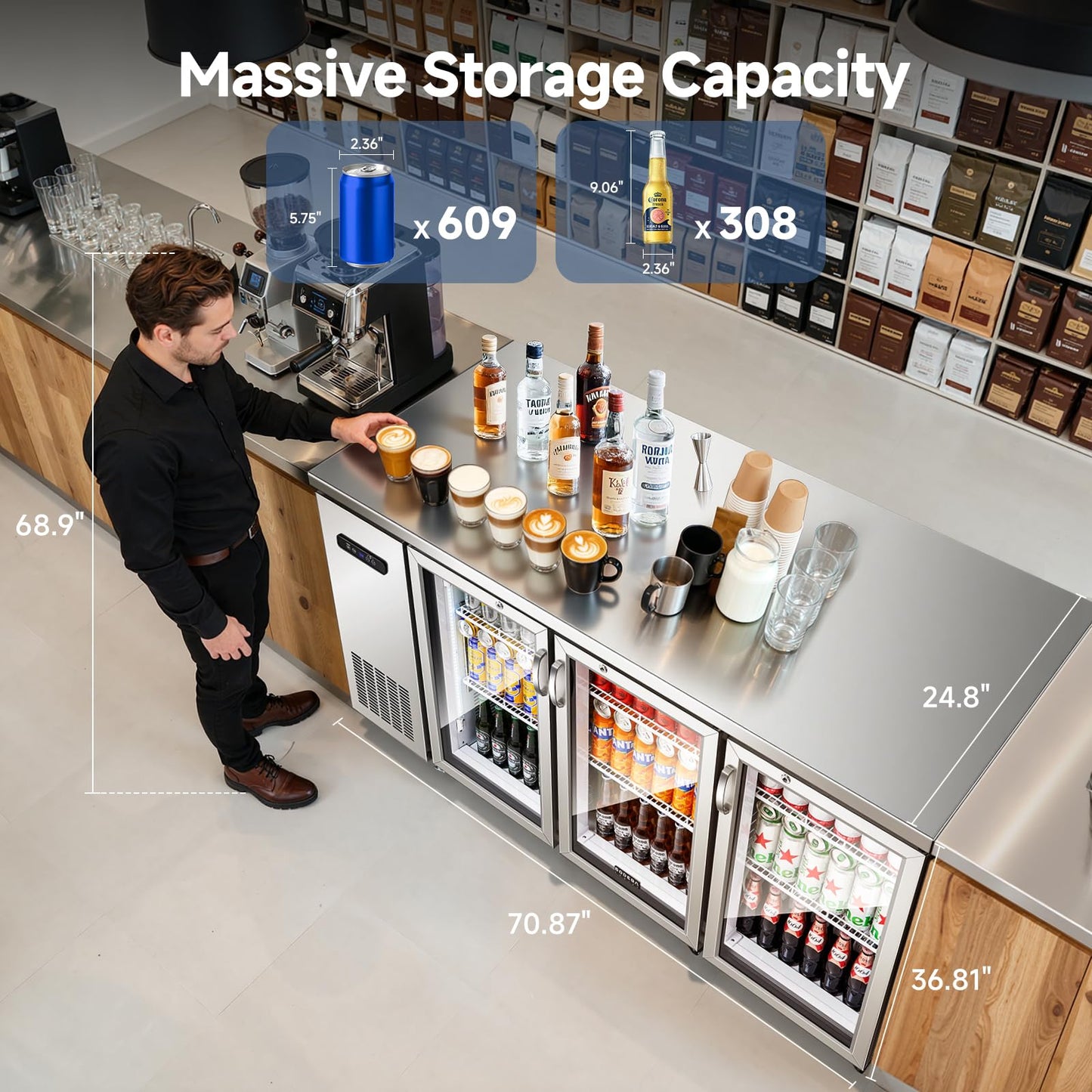 BODEGACOOLER 20.5 Cu.Ft Commercial Back Bar Refrigerator - 3 Glass Door Beverage Cooler for Beer, Soda, Wine with LED Display & SUS304 Stainless Steel Exterior