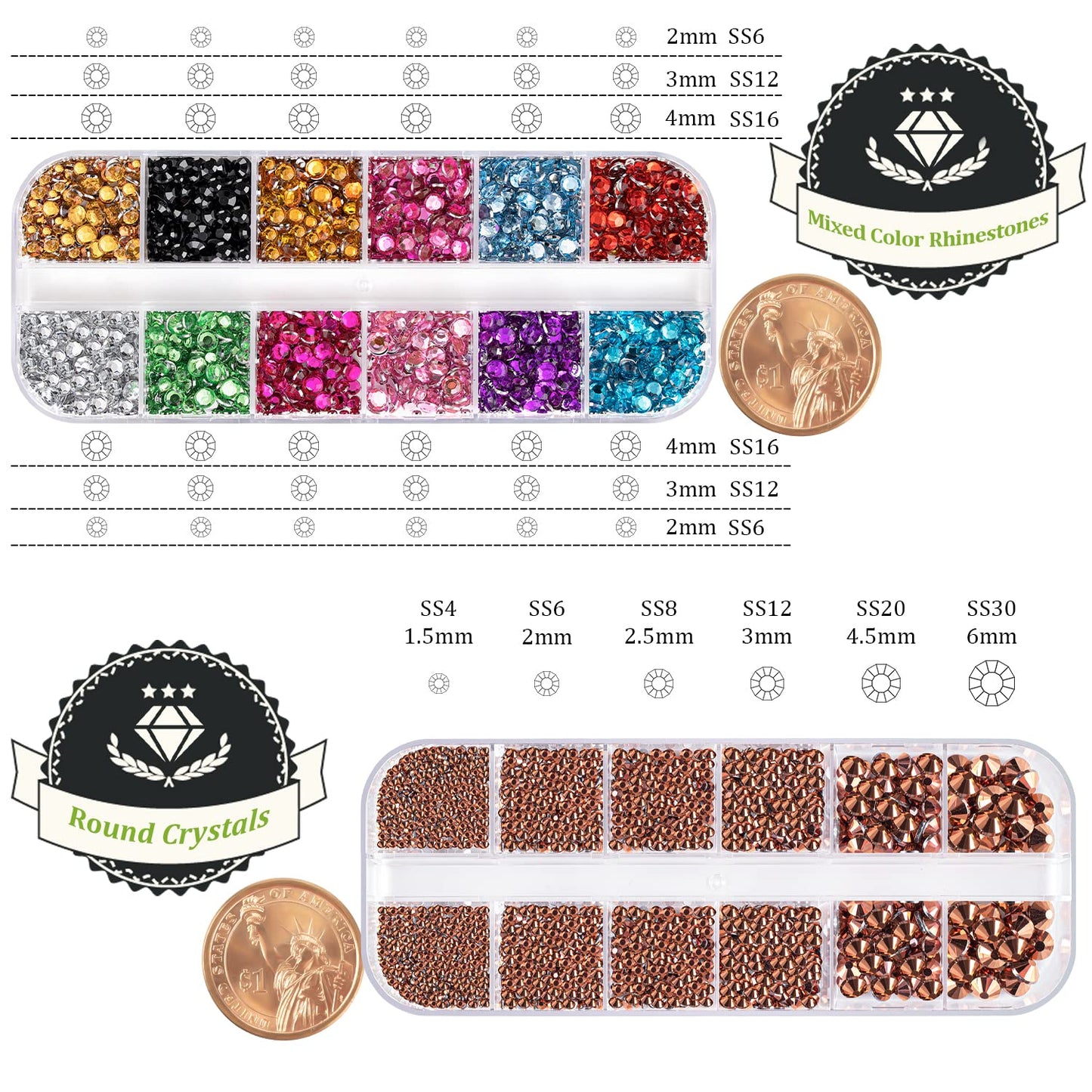 Two Packs of Flatback Rhinestones 4520 Pcs Colorful Nail Art Rhinestones Flatback Crystal Colorful+Rose Gold Rhinestone with Pic