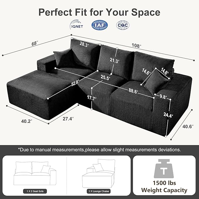 Myroyalsit 108" Modular Sectional Sofa, Compression Sofa with Deep Seat, Modular L-Shape Couch with Chaise, Upholstered Couches for Living Room Bedroom, No Assembly Required (Black, 108" L Shape)
