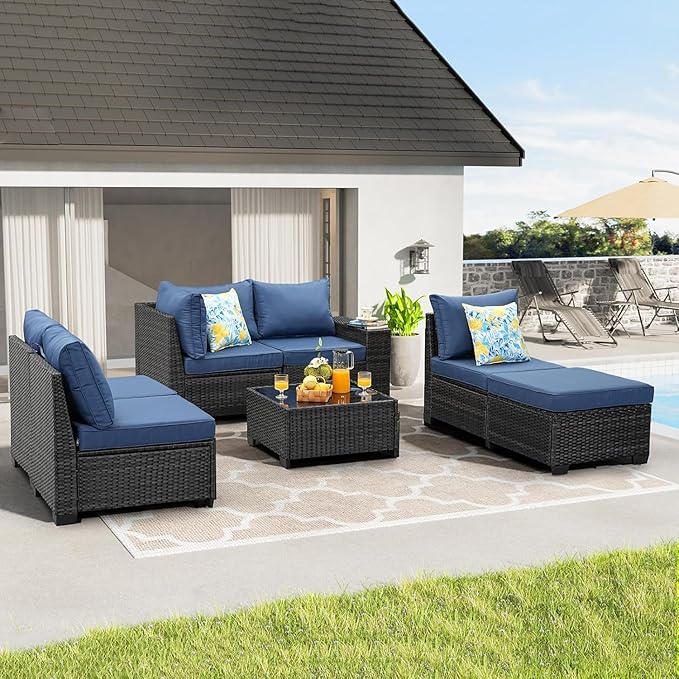SunloungeCo 7 Pieces Outdoor Patio Furniture Set, Wicker Conversation Sets with Tea Table, Rattan Patio Sofa with Thick Cushions for Garden, Backyard Porch, Poolside,Navy