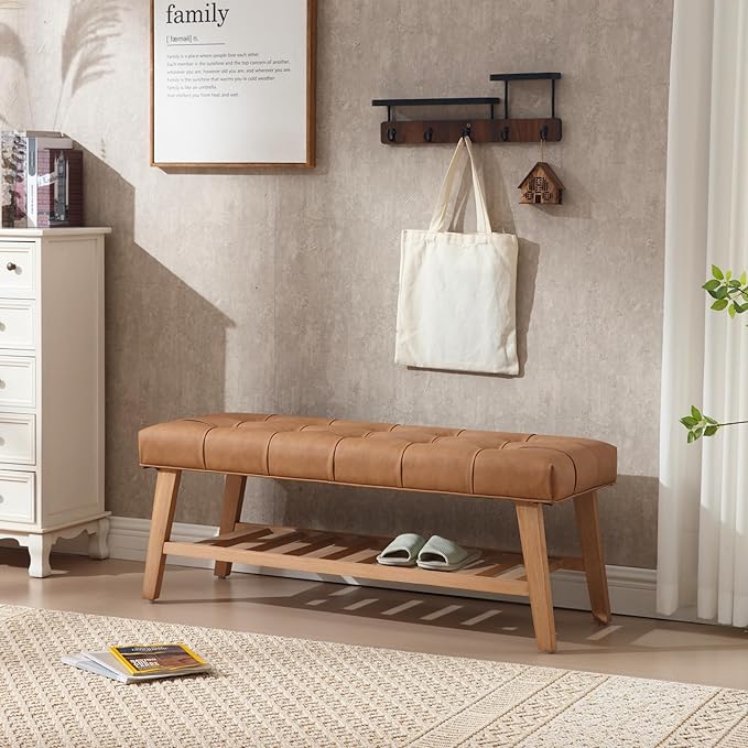 Janoray Entryway Shoe Bench Storage Benches with Upholstered Button Tufted Seat and Open Slatted Shelf PU Leather Ottoman Bench for Hallway Living Room Bedroom End of Bed, Brown