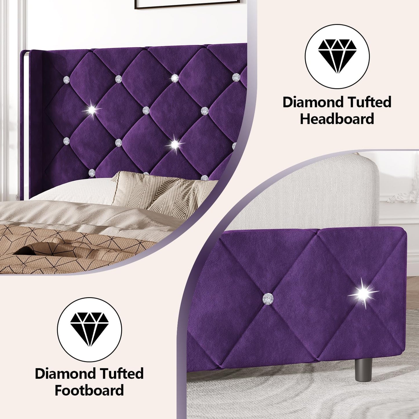 HOMBCK Twin Bed Frames, Upholstered Platform Bed with Diamond Tufted Headboard, Modern Velvet Bed Frame with Wingback Design, No Box Spring Needed, Easy Assembly, Purple