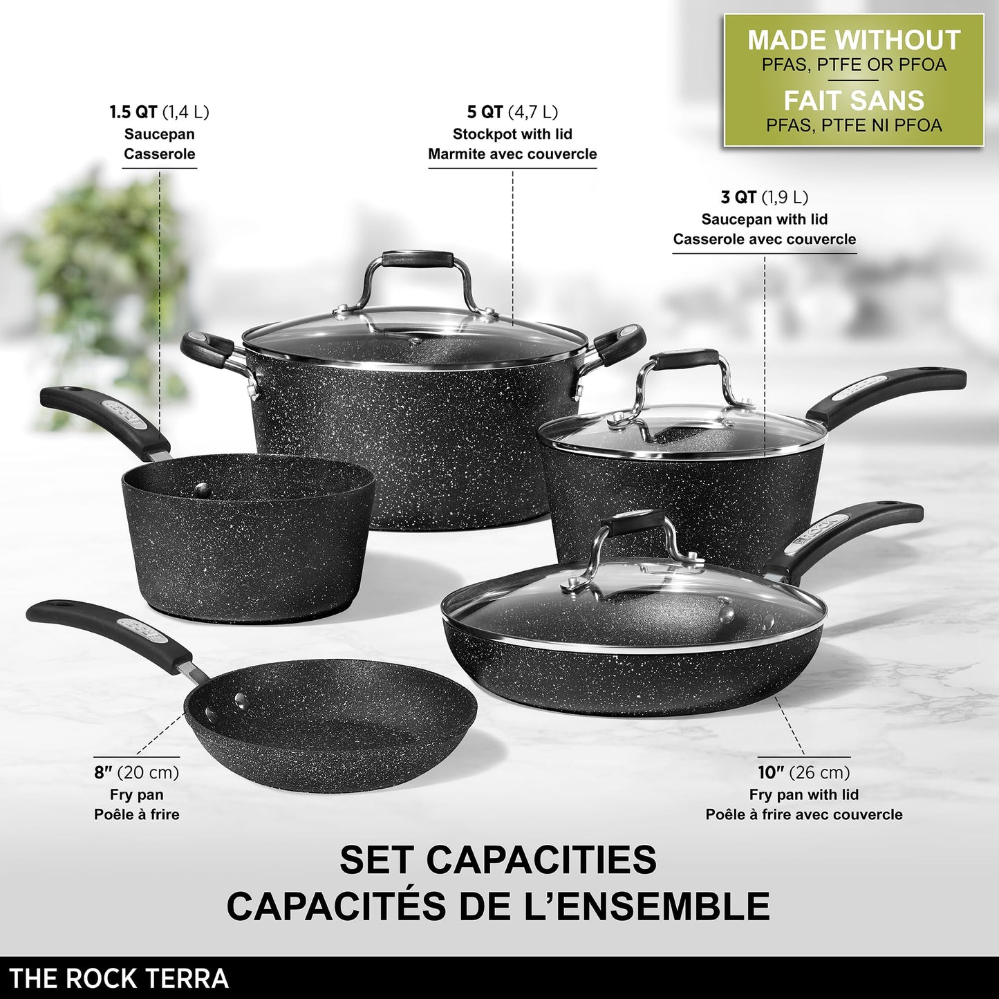Starfrit The Rock Terra Ceramic Non-Stick Cookware Set, 8-Piece, Chemical-Free, Oven and Dishwasher Safe, with Saucepans, Stockpot, and Fry Pans, Black Marble