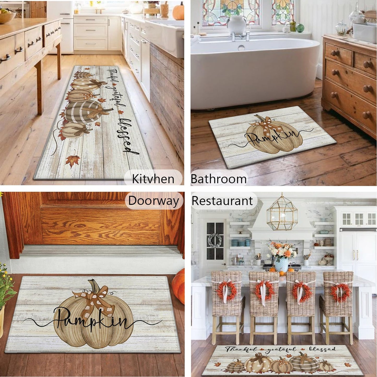 Fall Kitchen Rugs Fall Entrance Door Mat Pumpkin Non Slip Kitchen Rug Anti Fatigue Mats for Kitchen Floor Waterproof Washable Rug Runner for Kitchen Laundry17x30+17x47inch