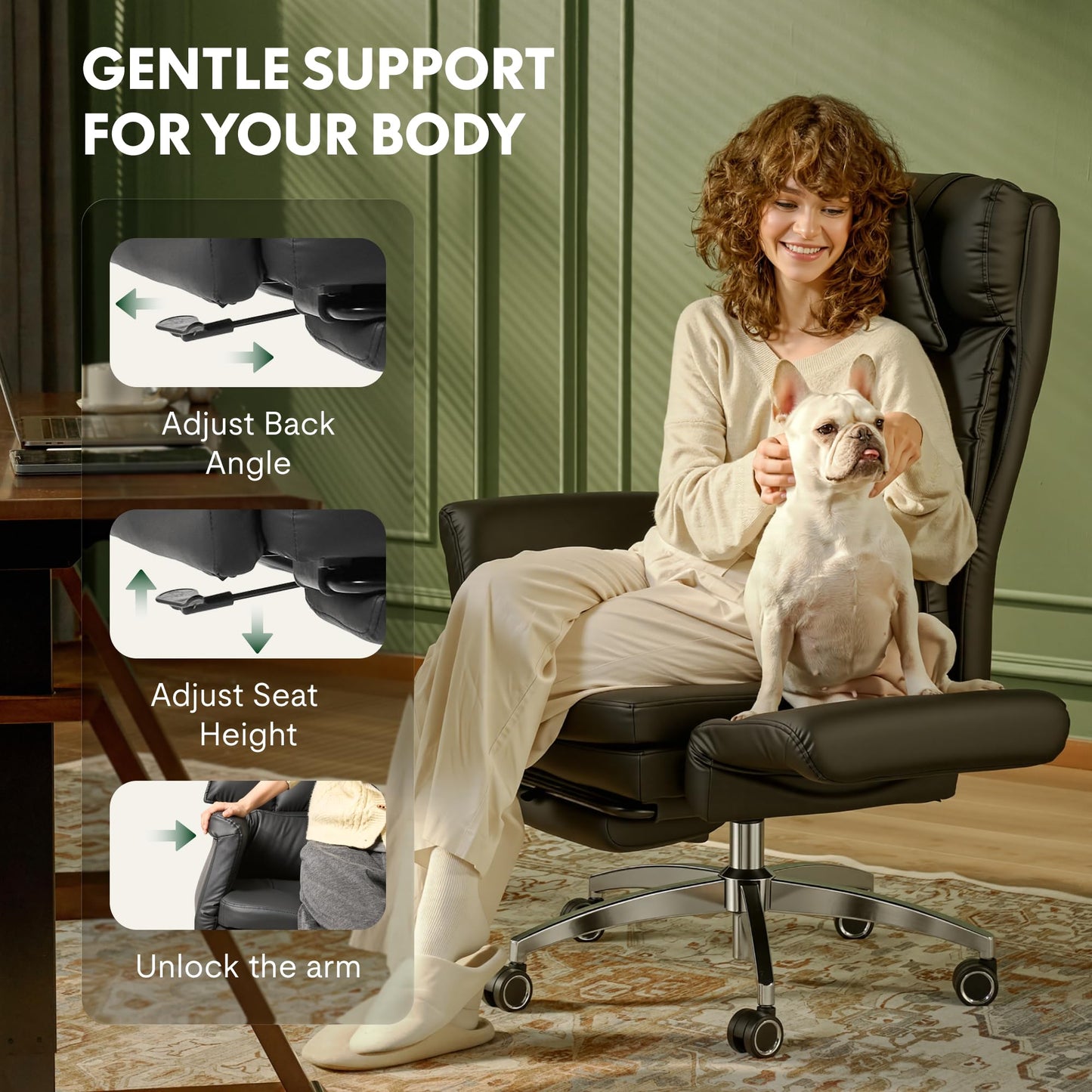 FLEXISPOT Oversized Big and Tall Office Chair, 180° Flip Armrests for Pets&Cross Legged, Computer Desk Chair with Footrest, Lounge Chairs for Home Office Gaming Working, ScratchSafe Air Leather, Beige