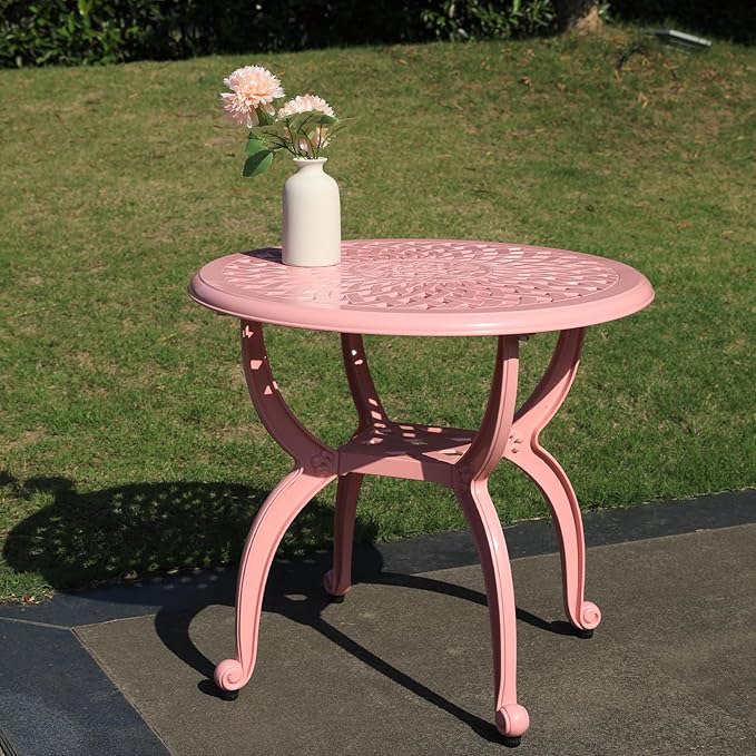 WILOUNGE Cast Aluminum Outdoor Side Table,Small Patio Table,Outdoor Coffee Tables for Patio,Garden,Balcony, for All Weather(Pink, Round)