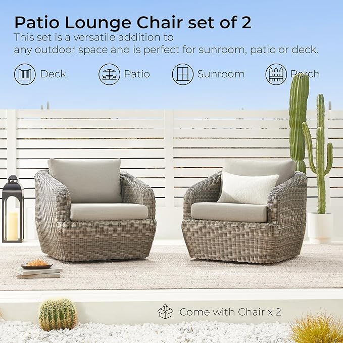 CHITA 2 Pieces Patio Wicker 360° Swivel Chairs with Removable Cushion, Backyard Rattan Chair for Sunrooms, Patios, Decks, Fully Assembled(Gray Cushions with Brownish Gray Wicker)