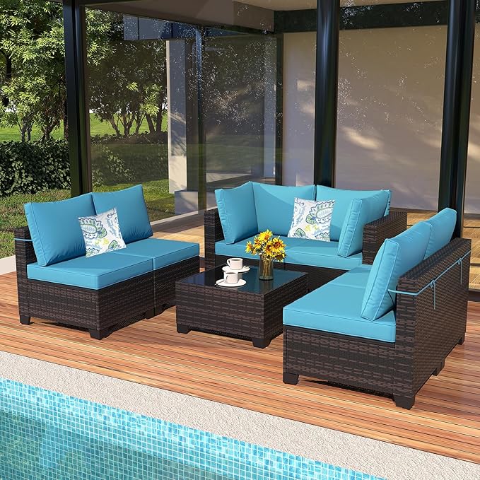 Ophelian 7 Pieces Patio Furniture Set, Outdoor Conversation Rattan Sofa，with Waterproof Cushion and Tempered Glass for Garden and Backyard, (Brown/Peacock Blue)