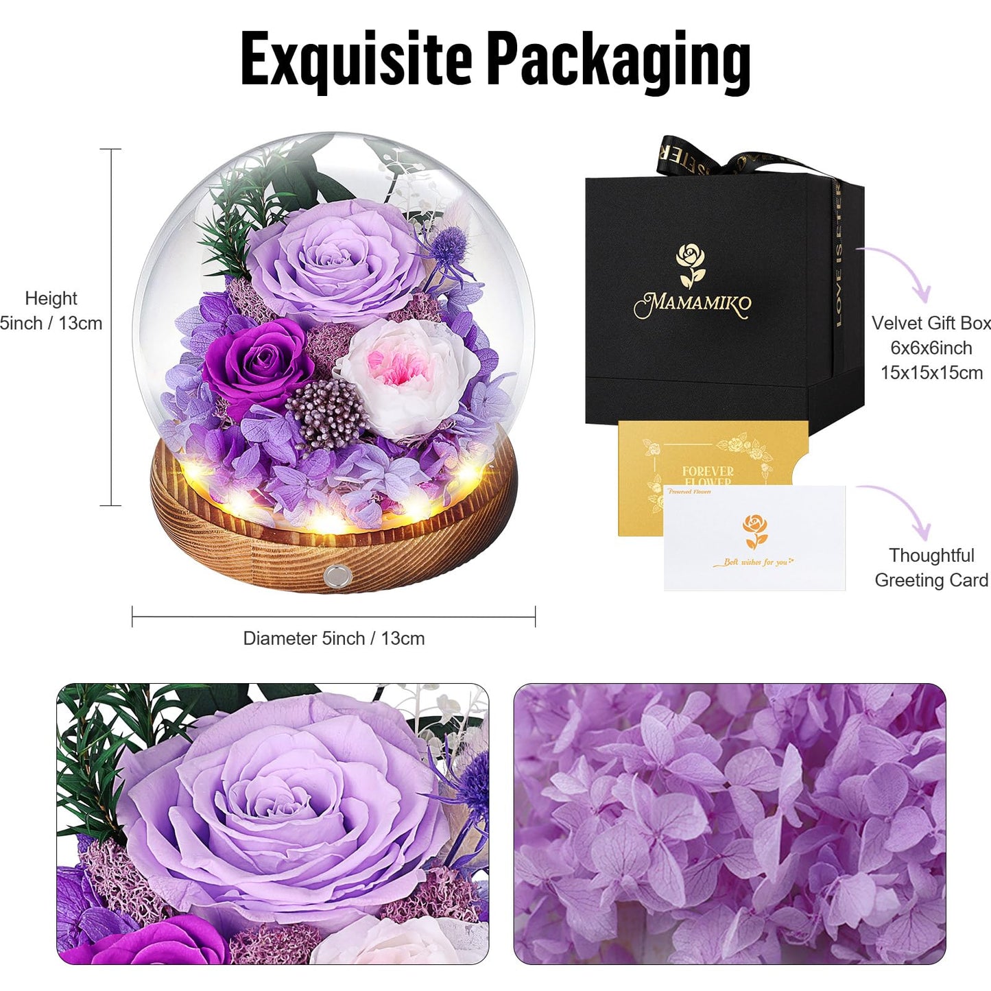 MAMAMIKO Preserved Roses in Glass Dome with LED Light - Long Lasting Real Roses, Forever Flowers for Delivery, Mothers Gifts for Her, Mom, Wife Anniversary Birthday Gifts for Women, Purple
