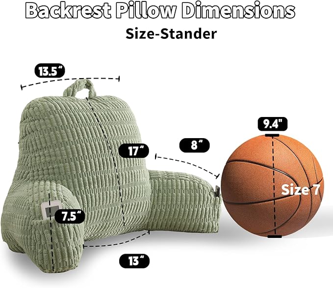 PAJEO Reading Pillow for Sitting in Bed, Large Backrest Reading Pillow with Arm Rest,Back-Rest Support Cushion for Sit Up on Couch, Sofa, and Floor, Dorm Essentials (Green Corduroy, Standard(17"))