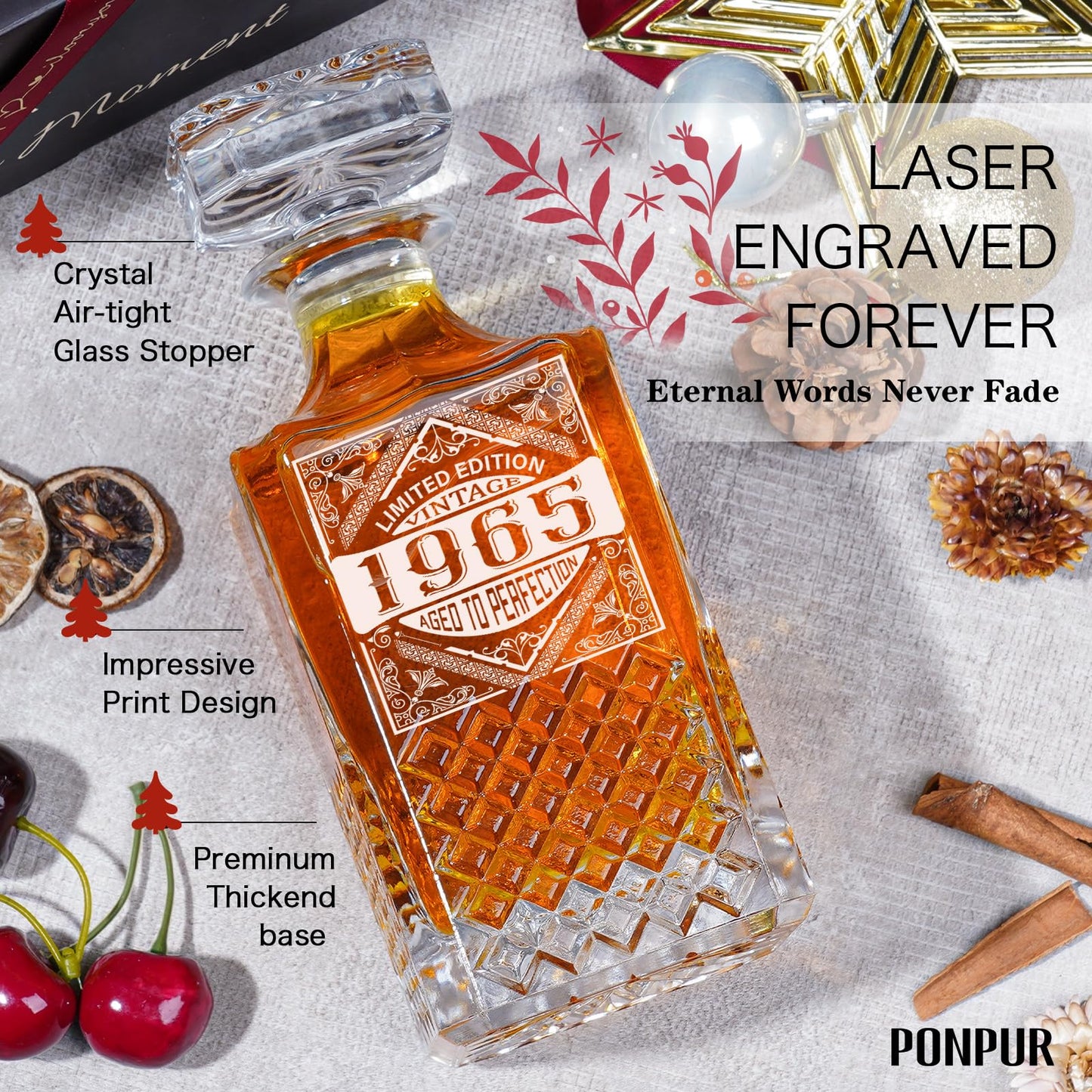 PONPUR 1965 60th Birthday Gifts For Men Dad, 1965 Laser Whiskey Decanter Set with Gift Box, Anniversary Bday Gift Ideas for Him Husband, 60 Years Decorations, Whiskey Glasses & Whisky Stones Inc.