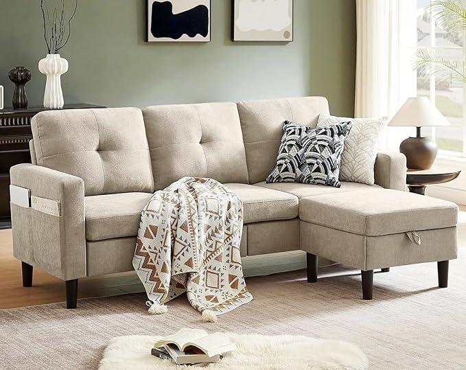Pingliang Home 80" Convertible Sectional Sofa Couch with Movable Ottoman, 3 Seats Sectional Sofas L Shaped Couch for Small Spaces, Soft Fabric Couch for Living Room (Beige)
