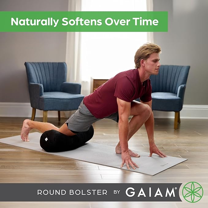 Gaiam Round Yoga Bolster Pillow, Soft Meditation Cushion for Yoga, Massage and Back Support, Breathable Cotton Fill, Zippered Microfiber Cover, Easy-Carry Handle, Machine Washable