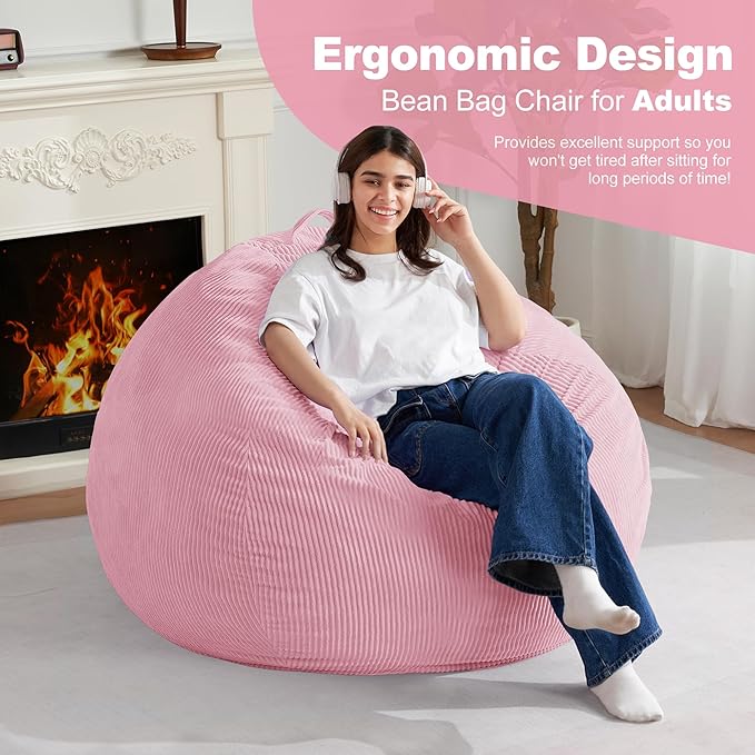 Homguava 4FT Bean Bag Chair for Adults,Teardrop Bean Bags Big Beanbag Chair with Memory Foam Filled and Ultra Soft Removable Corduroy Cover for Living Room, Bedroom (Light Pink)