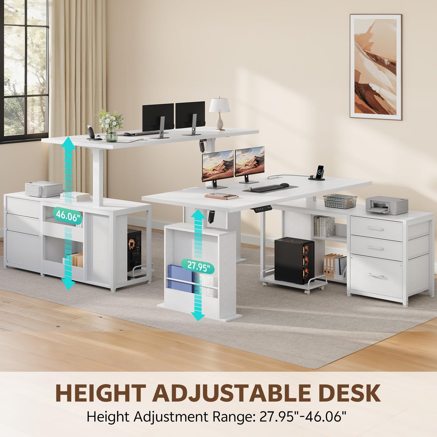Homiflex 63 Inch L Shaped Desk with 3 Drawers Electric Standing Desks with Storage Computer Table Adjustable Height with Power Outlets 4 Memory Presets for Home Office, White