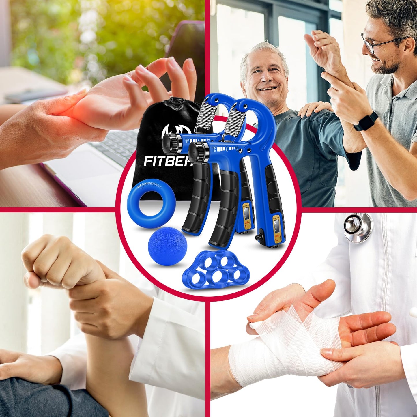 FitBeast Hand Grip Strengthener Workout Kit (5 Pack), 2 Forearm Grip Adjustable Resistance Hand Gripper, Finger Stretcher, Grip Ring & Stress Relief Grip Ball for Athletes, Dark Blue