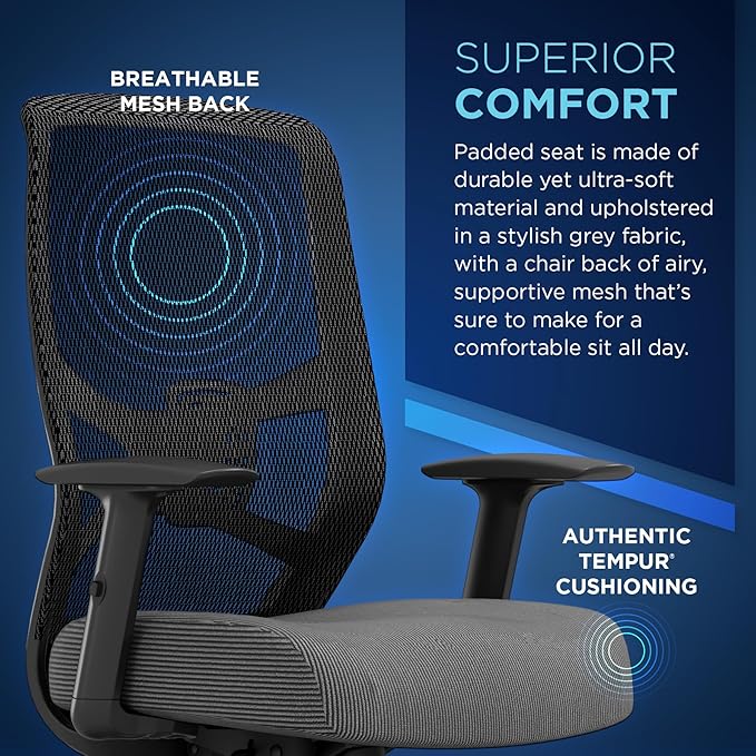 Tempur-Pedic ProTask Executive Task Office Chair with Cooling Gel Layer and Built-in Lumbar Support, Height-Adjustable Ergonomic Mesh Office Desk Chair, Grey