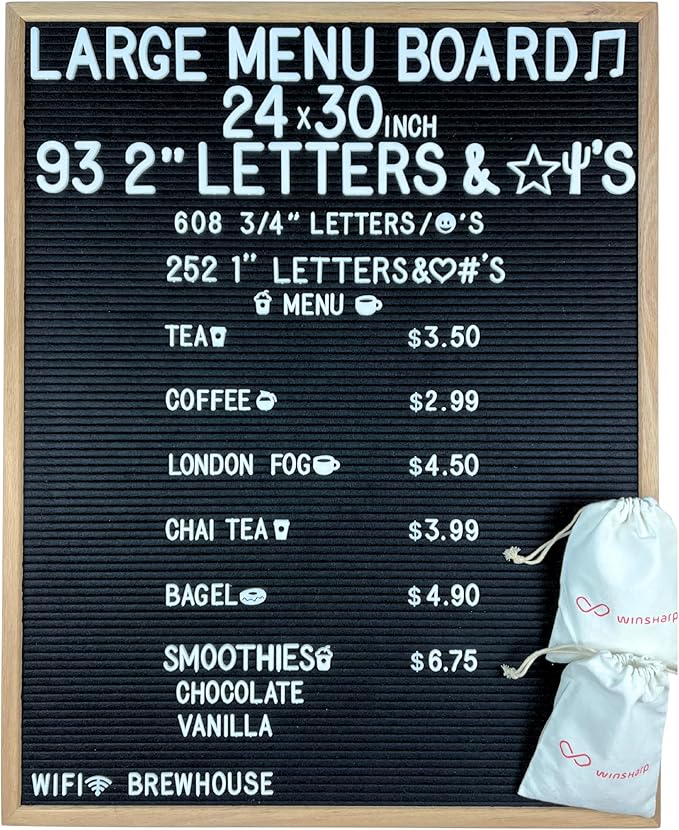 Large Black Felt Letter Board | 24"x30" Classy Dark Stained Wooden Frame with White Letters | Premium Changeable Sign Boar...