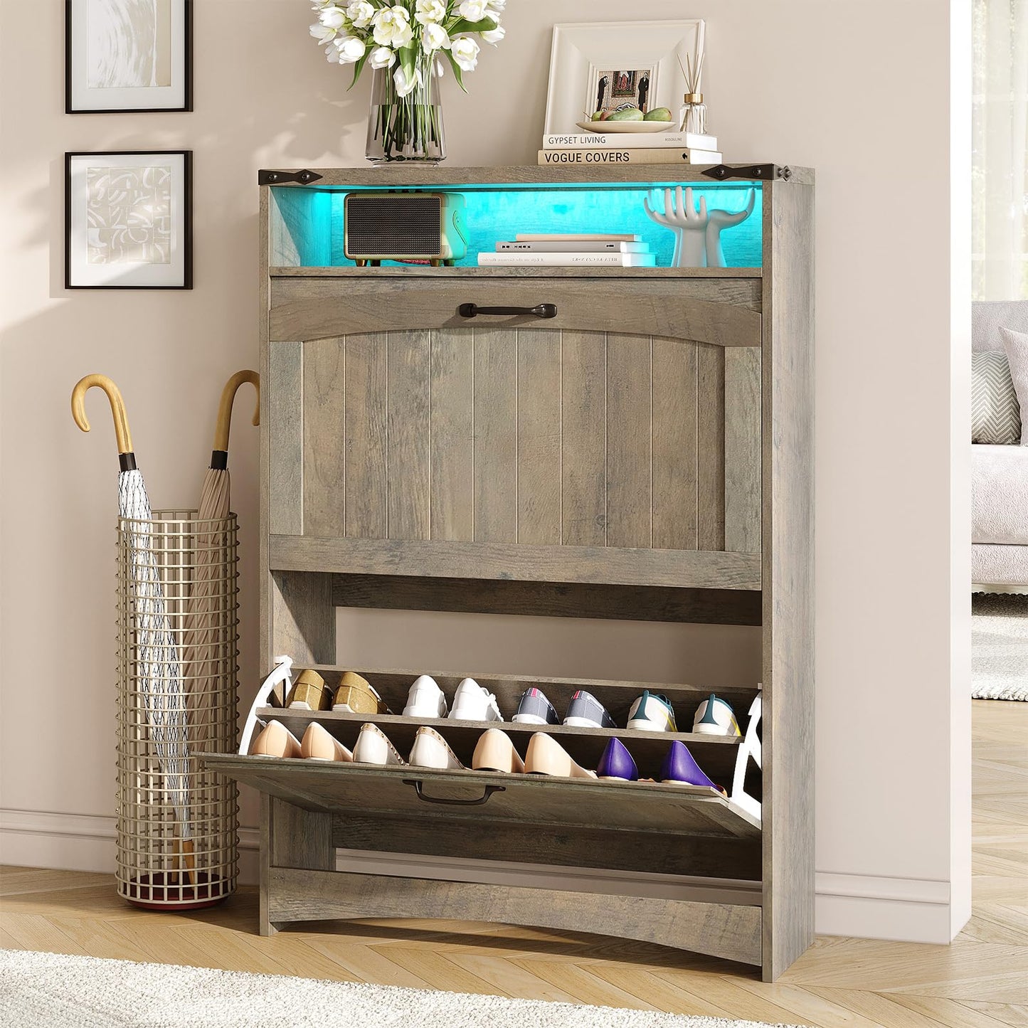 Maupvit Shoe Storage Cabinet with 2 Flip Drawers & Open Storage & RGB Lights, Narrow Shoe Rack Organizer Cabinets, Slim Shoe Cabinet for Entryway, Entrance, Hallway, Foyer, Rustic Grey