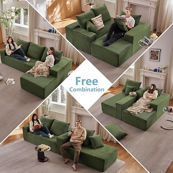 107" W Cloud Sectional Couch with L-Shape Chaise, Modern Corduroy Boneless Couch for Living Room,Memory Foam Sofa with Deep Seat,No Assembly Required (Green,Right-Facing Chaise)