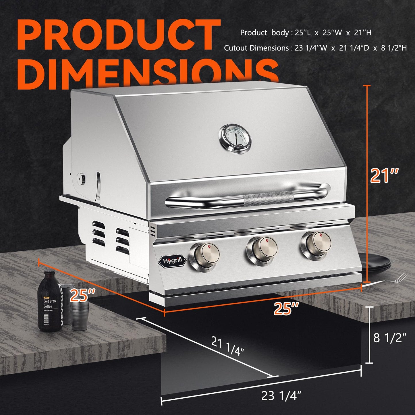 Hygrill STD Series Heavy Duty 3-Burner Built In Grill, Stainless Steel Grill Head for Outdoor Kitchen, Natural Gas