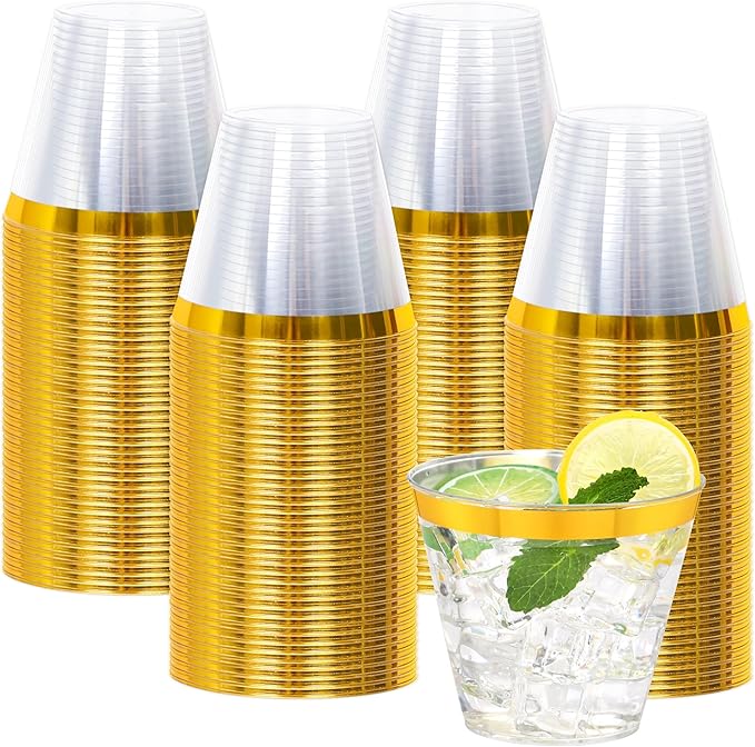Upigi 100 Pcs Gold Plastic Cups,9Oz Gold Rimmed Plastic Cups,Heavy Duty Gold Rim Clear Disposable Plasitc Cocktail Tumbler...