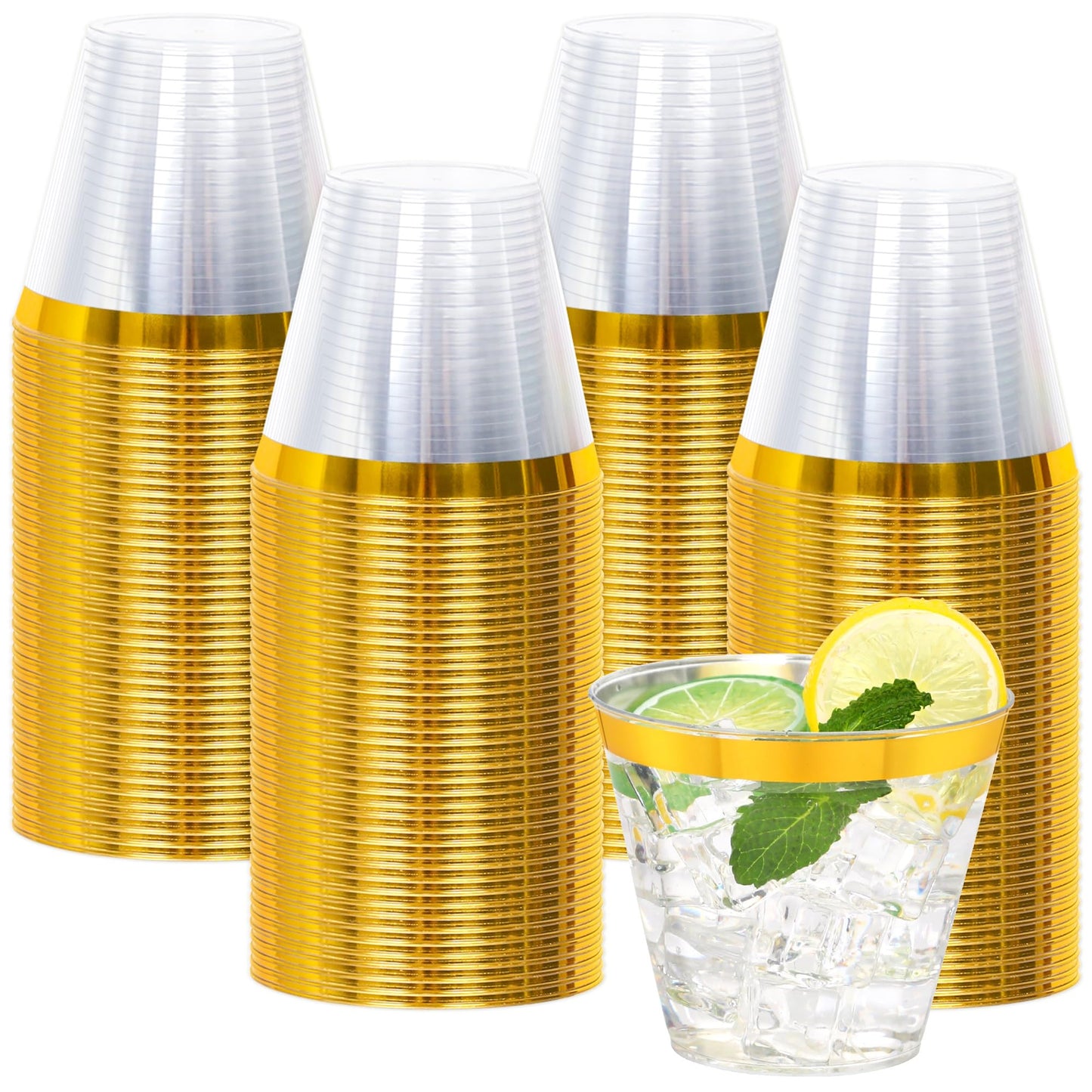 Upigi 100 Pcs Gold Plastic Cups,9Oz Gold Rimmed Plastic Cups,Heavy Duty Gold Rim Clear Disposable Plasitc Cocktail Tumblers Wine Cup for Party,Wedding,Birthday,Christmas