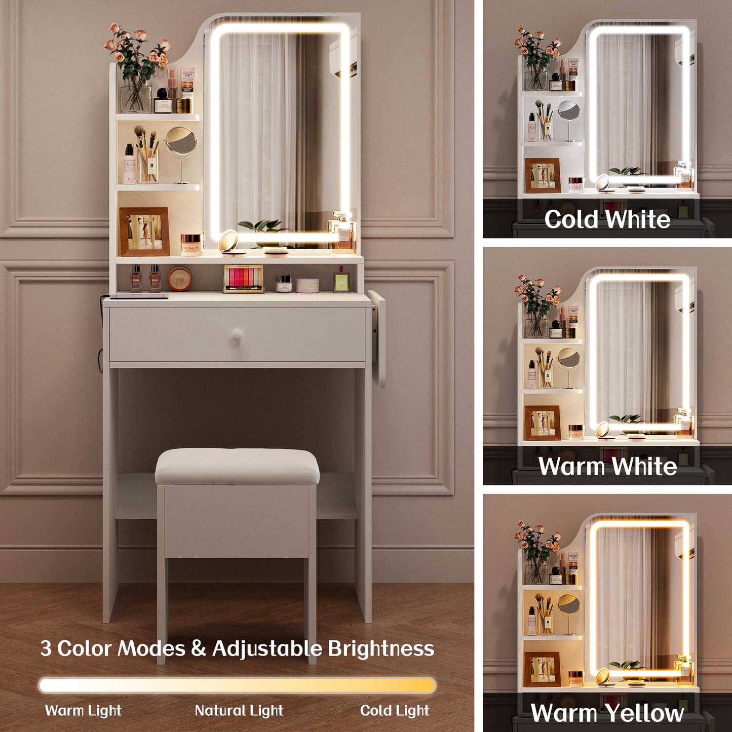 Haewon Small Vanity Desk with Mirror and Lights, Makeup Vanity with Charging Station, Compact Dressing Table Set with Storage Chair, Drawer and Shelves for Bedroom, White