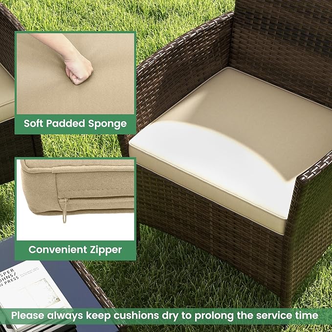 RELAX4LIFE 4-Piece Patio Furniture Set - Rattan Outdoor Conversation Bistro Set w/Cushions, Glass Coffee Table, Wicker Chairs & Loveseat for Garden Backyard Porch, Balcony Furniture Set (1, Beige)