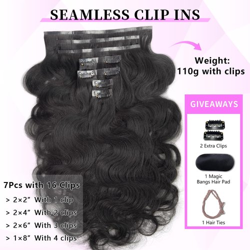 FBLhair 20 inch Seamless Body Wave Clip in Extensions Real Human Hair Extensions Clip Ins 110g 7pcs Thick Invisible Clip in Hair Extensions #1B Natural Black