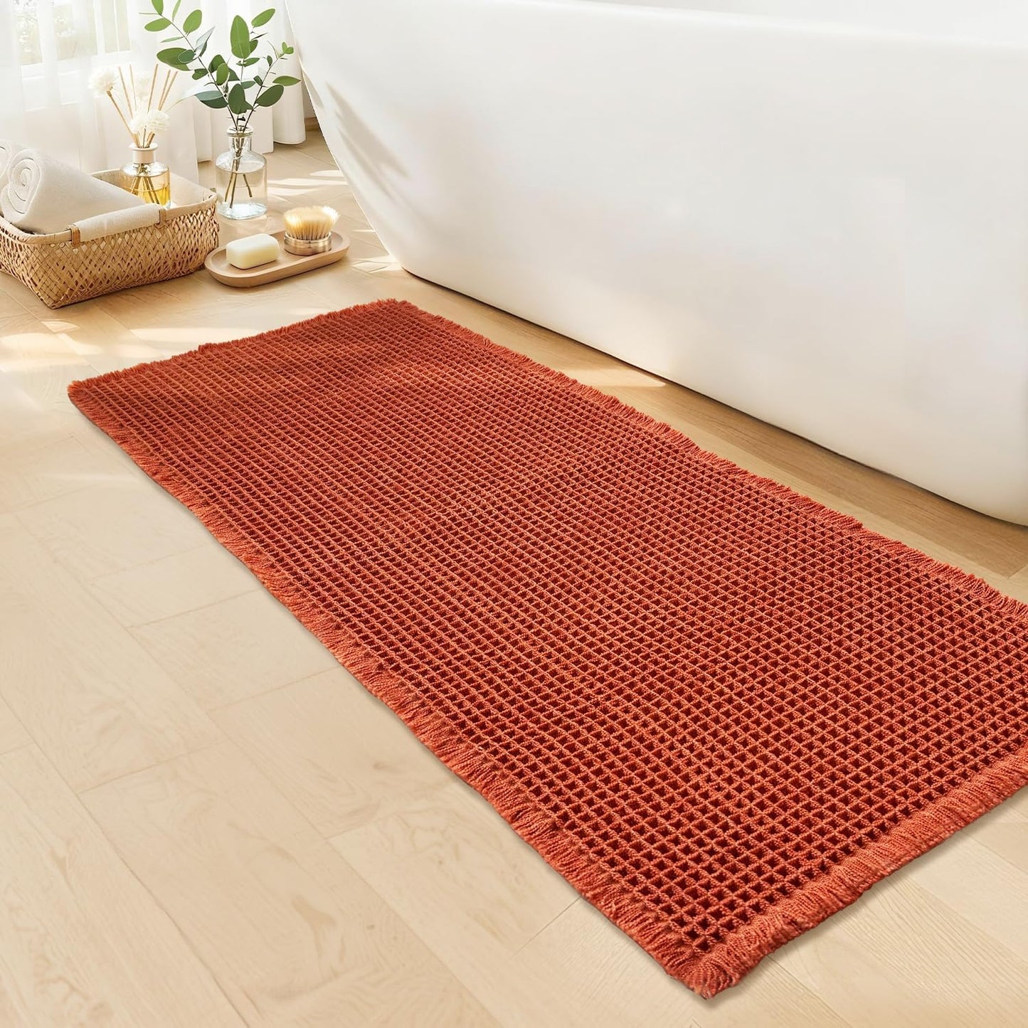 Waffle Runner Bath Mat - Long Boho Bathroom Rugs Non Slip Washable, Super Absorbent & Quick Dry, Soft Bath Mat Farmhouse Bathroom Decor, 24'' x 72'', Dirty Orange