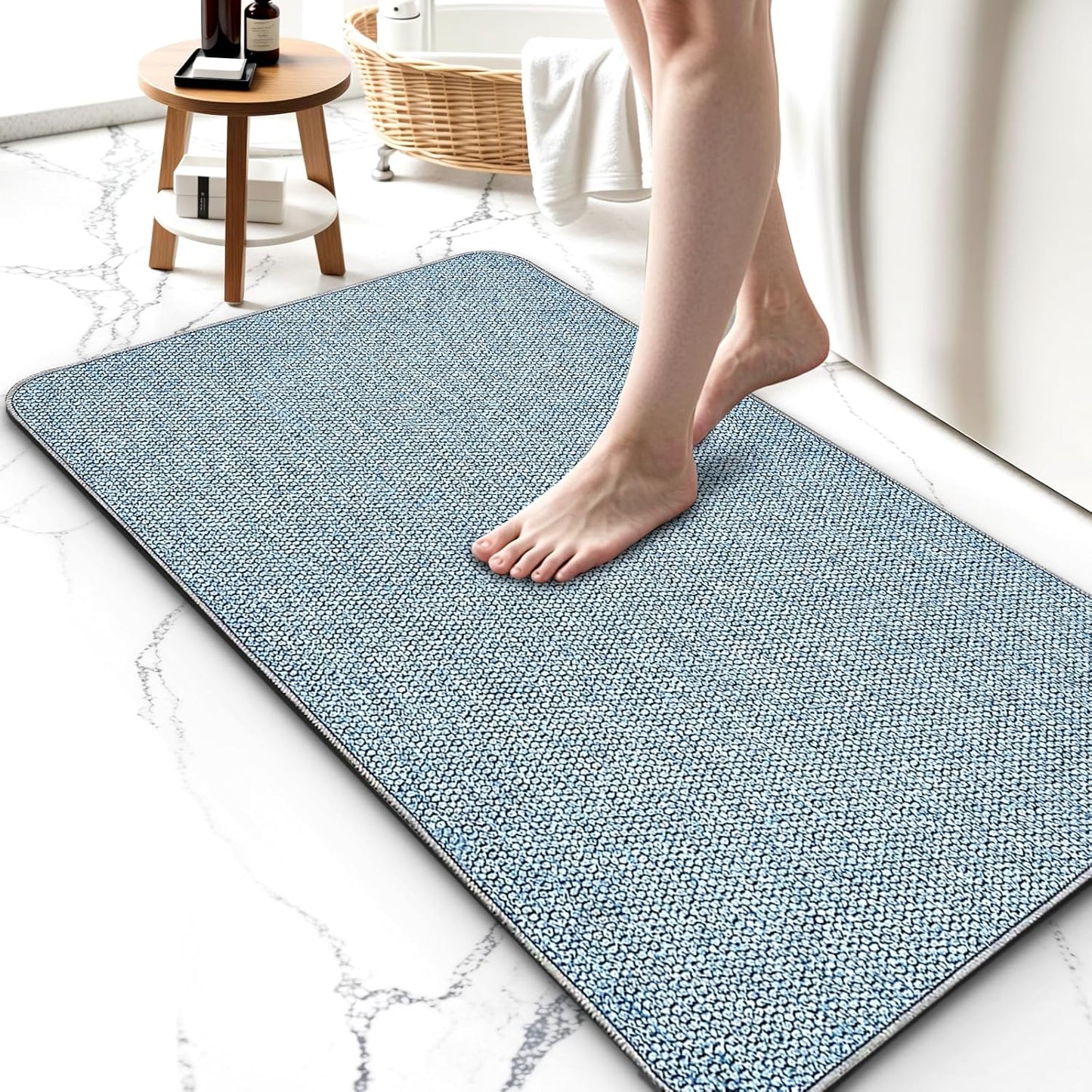 Upgraded Bathroom Rugs 20x24Inch, Thin Bath Mat with Rubber Backing Non-Slip, Absorbent,Quick Dry Machine Washable, Home Decor Accessories Cozy Cloth Bathroom Mat fit Under Door/Sink/Tub/Shower-Blue