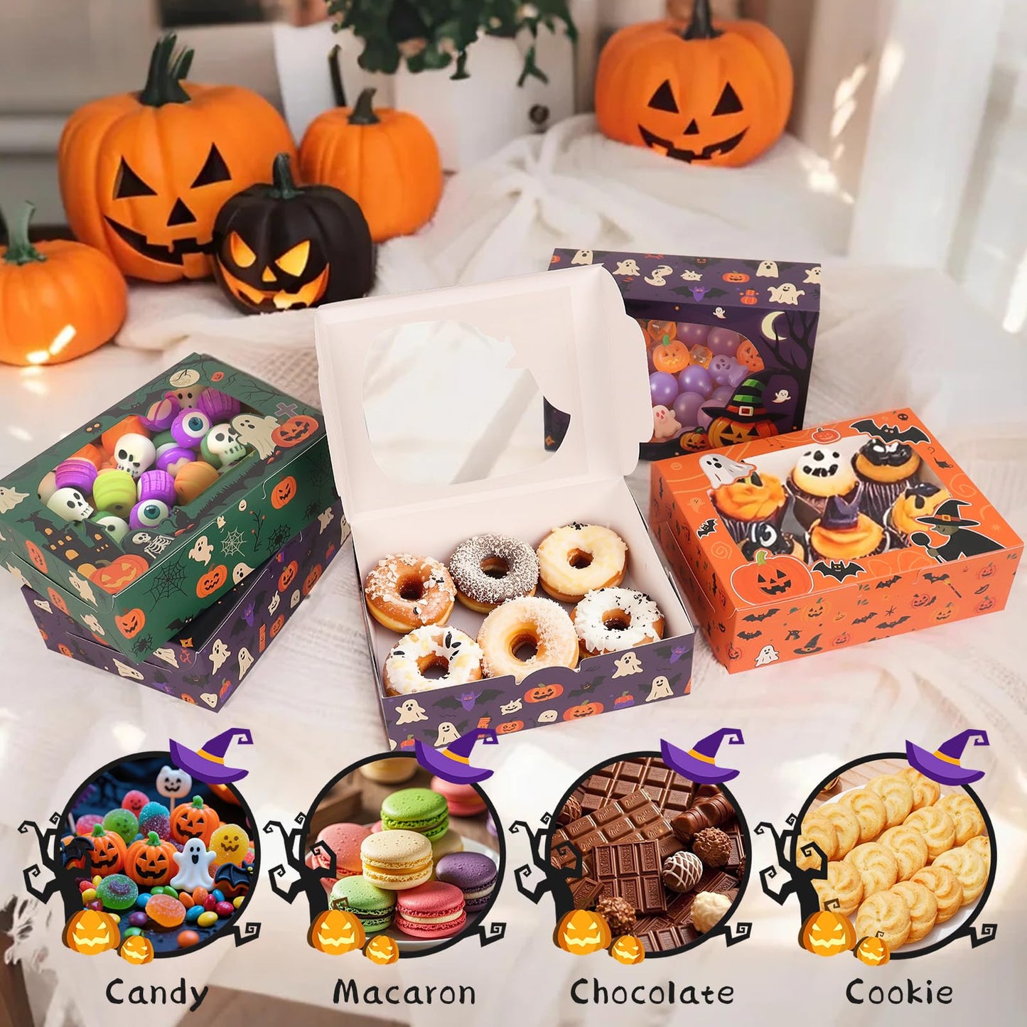 OUGEBOX 30 Pcs Halloween Cookie Boxes for Gift Giving, 8x6x2.5 Inch Bakery Boxes with Window, Treat Boxes for Desserts, Macarons, Donuts, Pastries