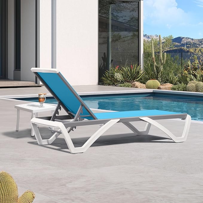PURPLE LEAF Patio Chaise Lounge Chair Set Outside Aluminum Plastic Stackable Tanning Chairs with Side Table for Pool Sunbathing Beach Deck Outdoor Lounger, Turquoise Blue
